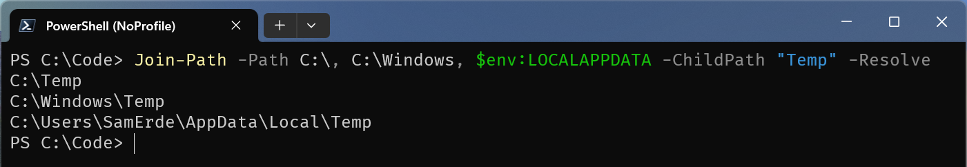 A screen shot of PowerShell in Windows Terminal running an example of Join-Path with multiple parent paths.