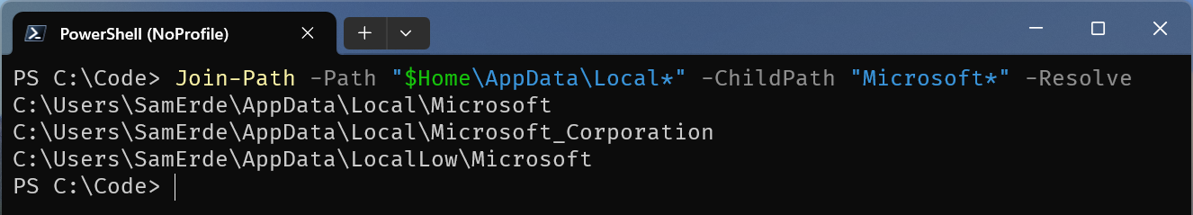 A screen shot of PowerShell in Windows Terminal running the command 'Join-Path -Path "$Home\AppData\Local*" -ChildPath "Microsoft*" -Resolve'.