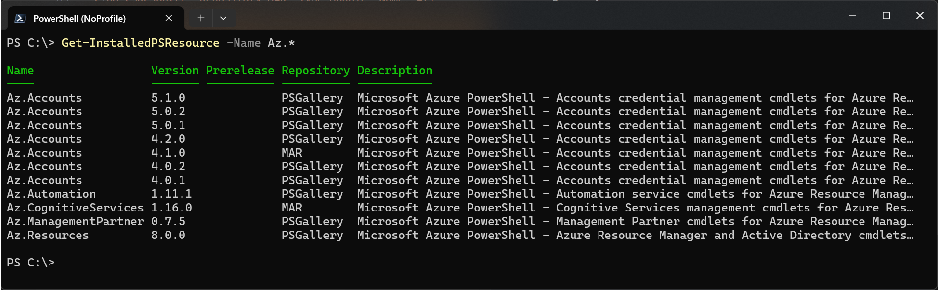The output of running `Get-InstalledPSResource -Name Az.*`.