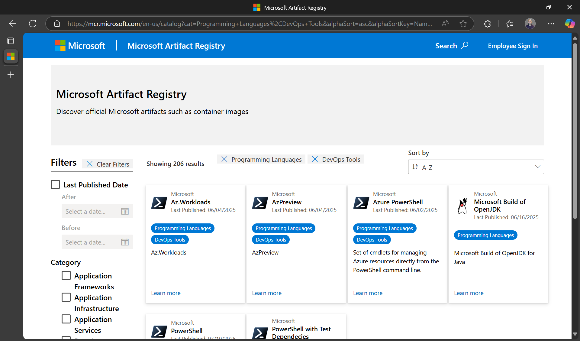 A screen shot of the Microsoft Artifact Registry, with a view filtered to show the DevOps and Programming Languages categories.
