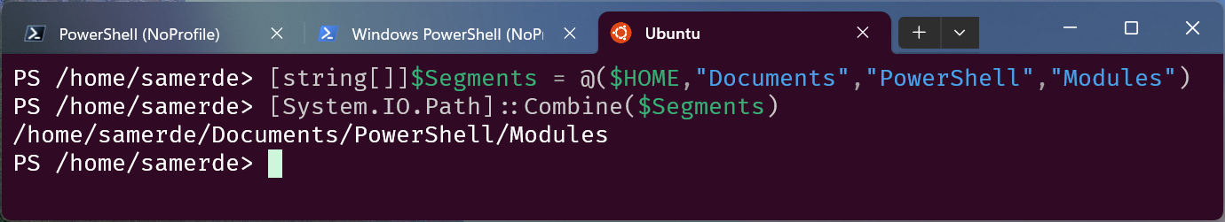 A screen shot of Windows Terminal running the following command in Ubuntu (WSL): '[System.IO.Path]::Combine($HOME,"Documents","PowerShell","Modules")'.