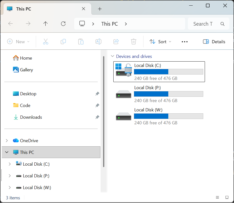 A screen shot of Windows Explorer with the pinned Code folder and subst drives.