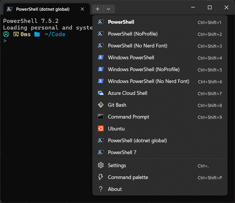 Windows Terminal with a profile added for the PowerShell .NET tool